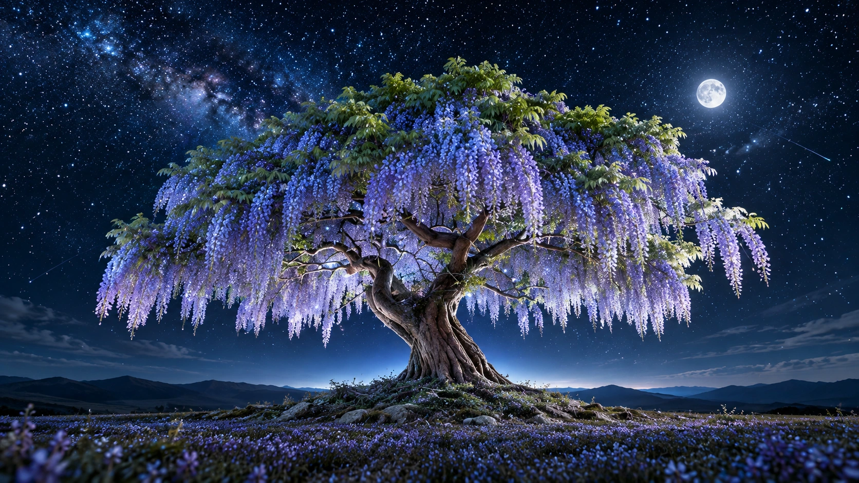 星空の下でたくさんの紫の花を咲かせる、Wistellartのシンボルである藤の木